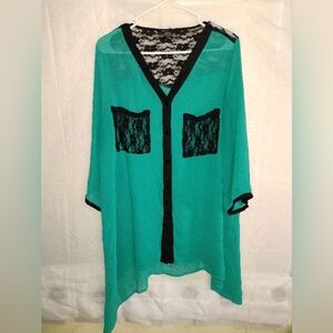 Robert Louis 3X Teal and Black Lace Blouse Plus 3XL